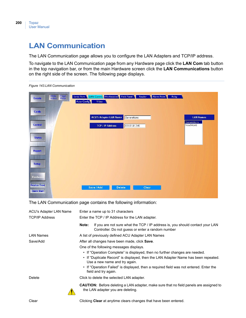 Lan communication, Figure 143.lan communication | Interlogix Topaz User Manual User Manual | Page 218 / 420