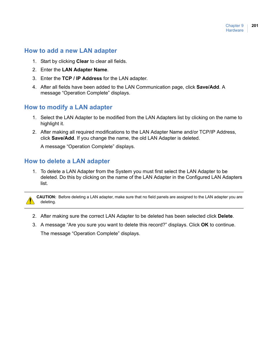 How to add a new lan adapter, How to modify a lan adapter, How to delete a lan adapter | Interlogix Topaz User Manual User Manual | Page 219 / 420