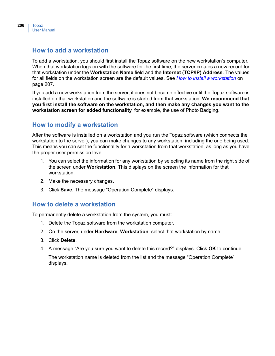How to add a workstation, How to modify a workstation, How to delete a workstation | Interlogix Topaz User Manual User Manual | Page 224 / 420