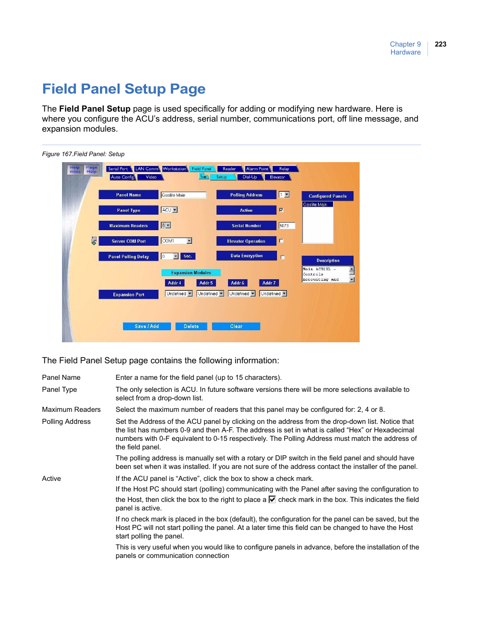 Figure 167.field panel: setup, Field panel setup page | Interlogix Topaz User Manual User Manual | Page 241 / 420