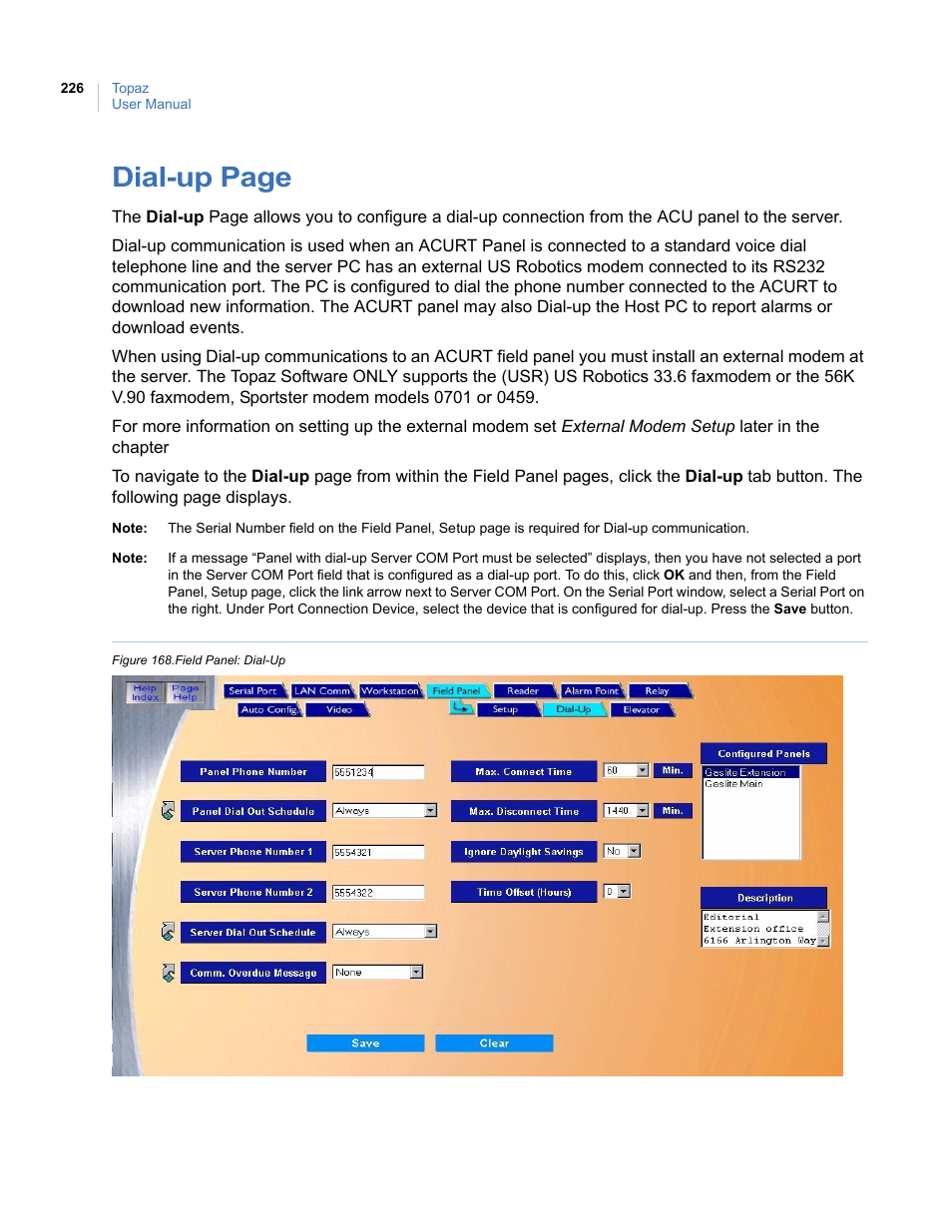 Figure 168.field panel: dial-up, Dial-up page | Interlogix Topaz User Manual User Manual | Page 244 / 420