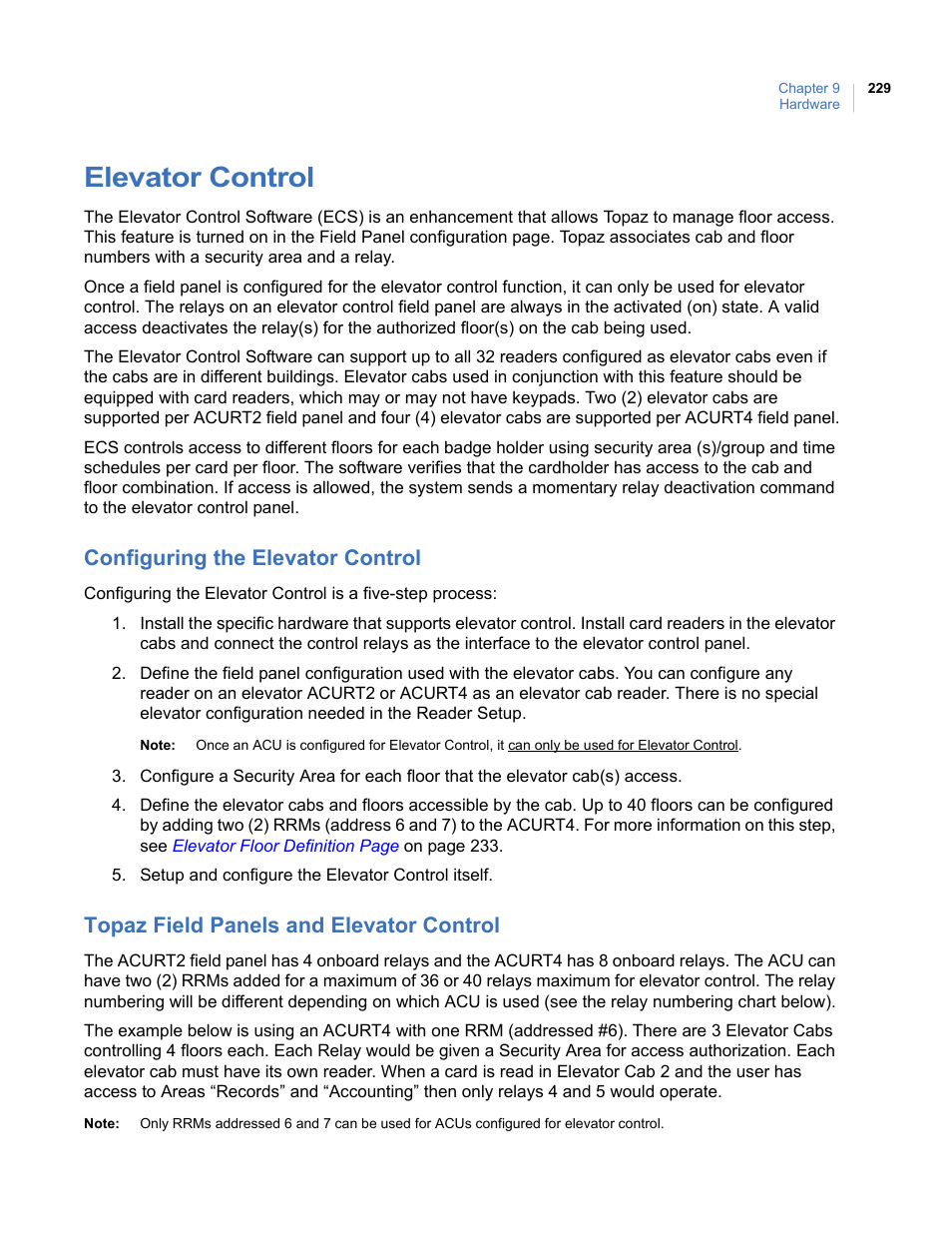 Elevator control, Configuring the elevator control, Topaz field panels and elevator control | Interlogix Topaz User Manual User Manual | Page 247 / 420