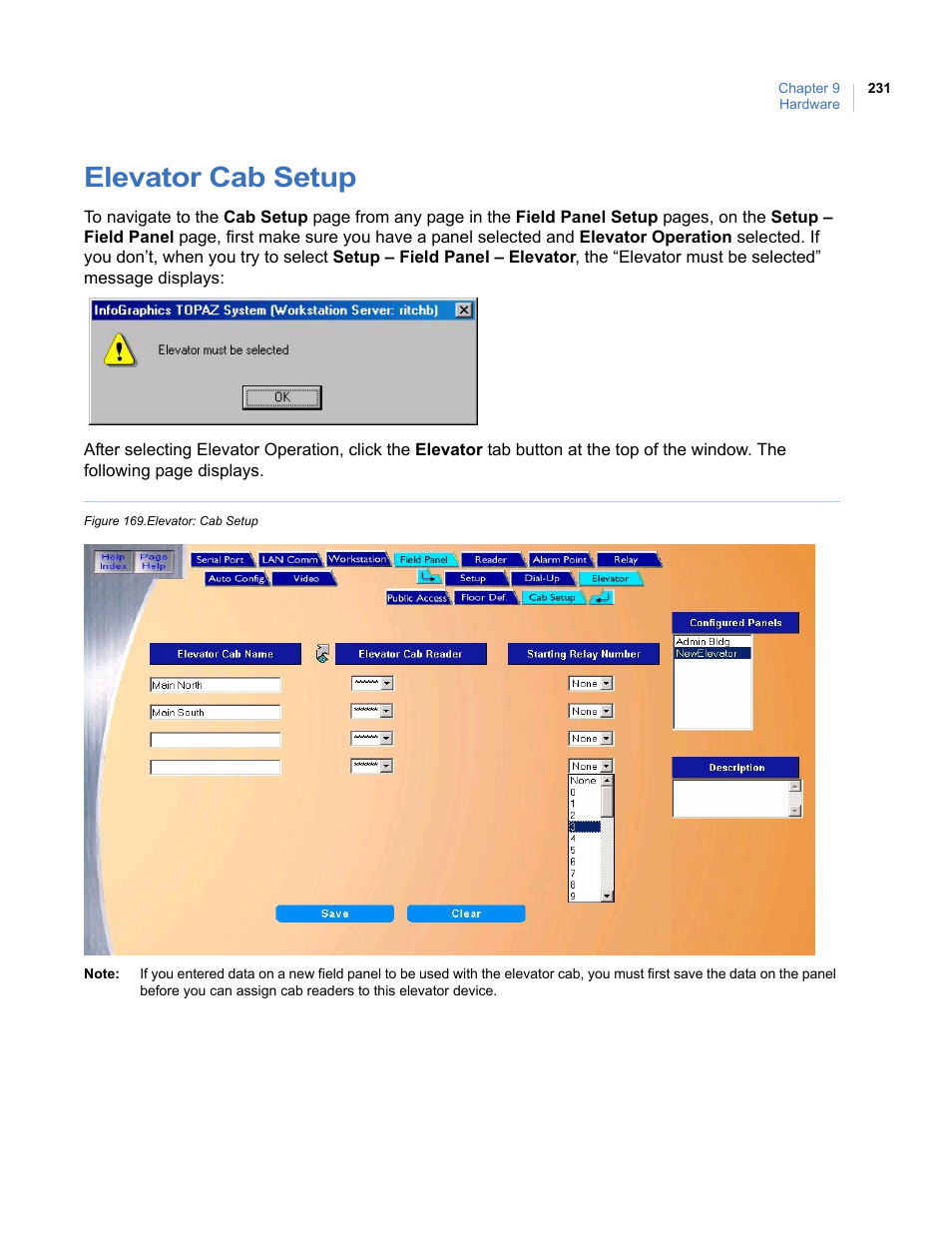 Elevator cab setup, Figure 169.elevator: cab setup | Interlogix Topaz User Manual User Manual | Page 249 / 420