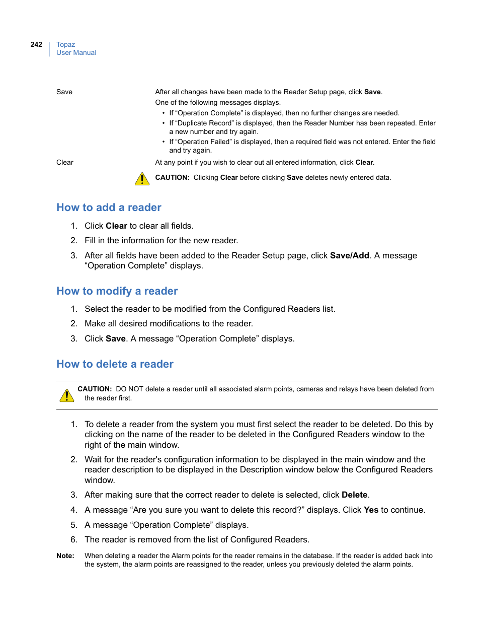 How to add a reader, How to modify a reader, How to delete a reader | Interlogix Topaz User Manual User Manual | Page 260 / 420