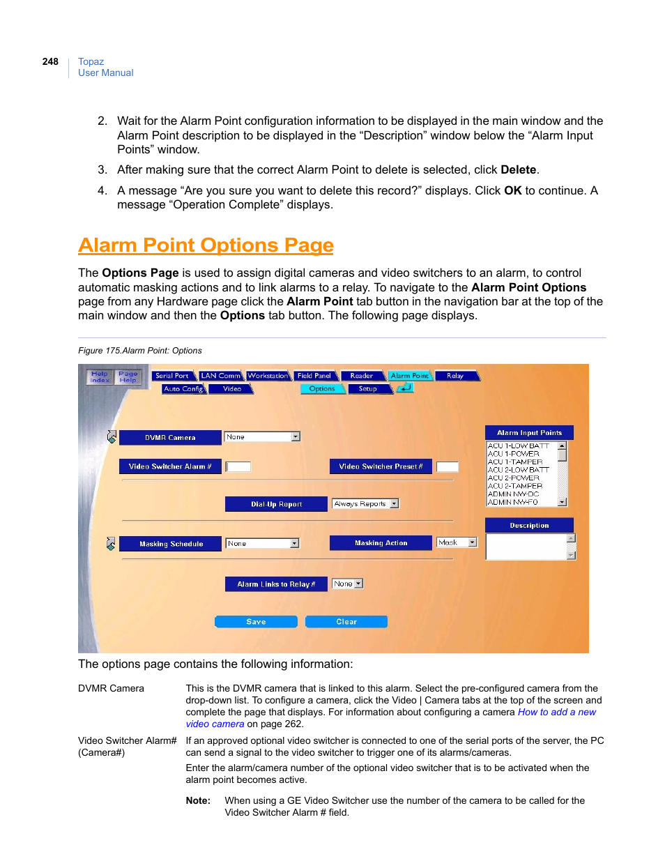 Figure 175.alarm point: options, Alarm point options page | Interlogix Topaz User Manual User Manual | Page 266 / 420