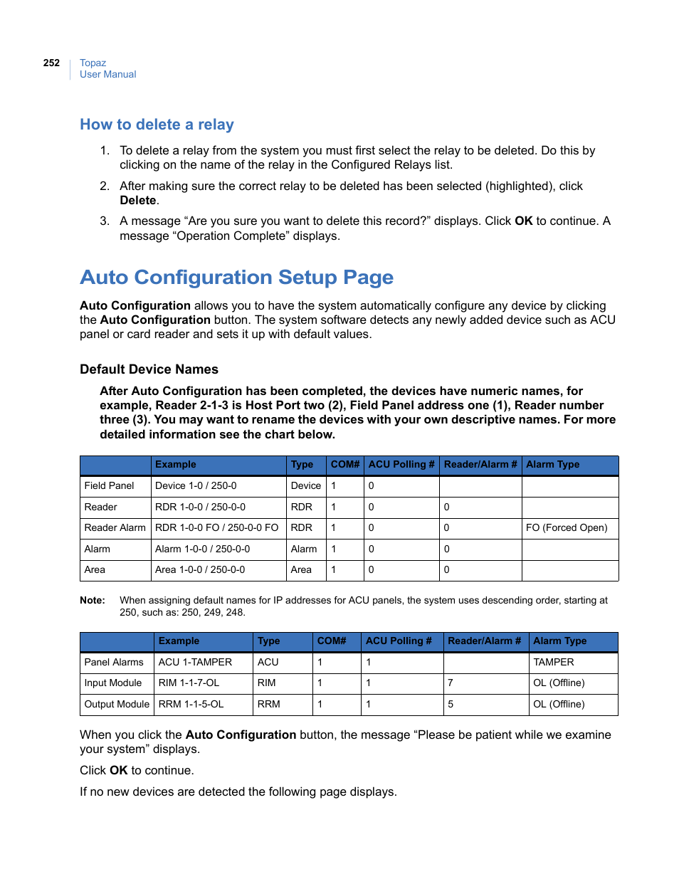 How to delete a relay, Auto configuration setup page | Interlogix Topaz User Manual User Manual | Page 270 / 420