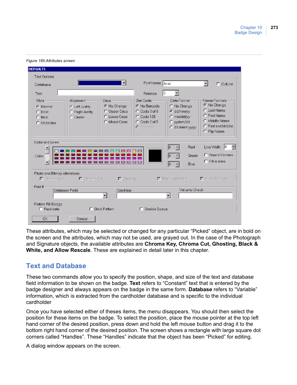 Text and database, Figure 185.attributes screen | Interlogix Topaz User Manual User Manual | Page 291 / 420