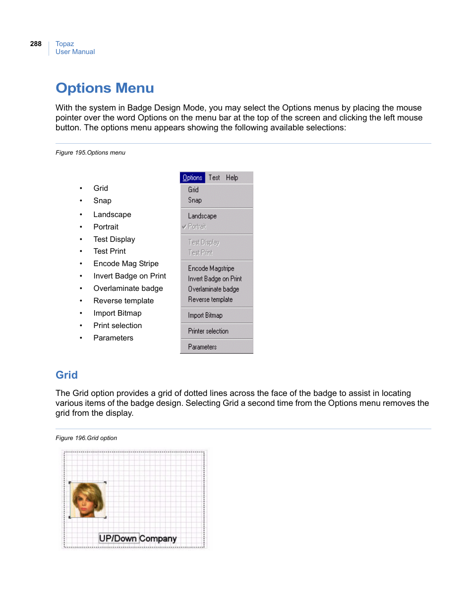 Options menu, Grid, Figure 195.options menu figure 196.grid option | Interlogix Topaz User Manual User Manual | Page 306 / 420