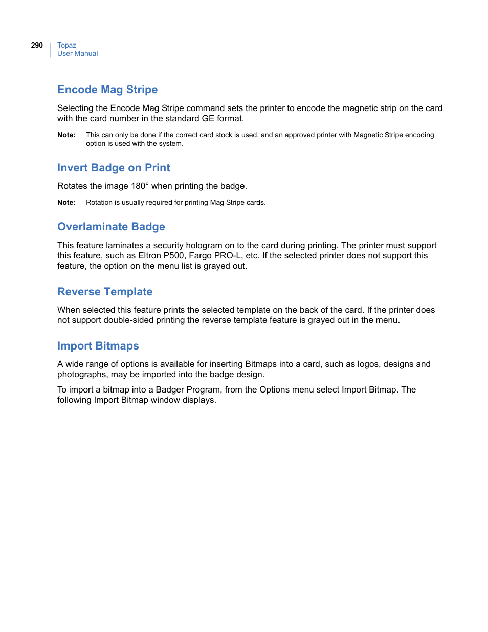 Encode mag stripe, Invert badge on print, Overlaminate badge | Reverse template, Import bitmaps | Interlogix Topaz User Manual User Manual | Page 308 / 420