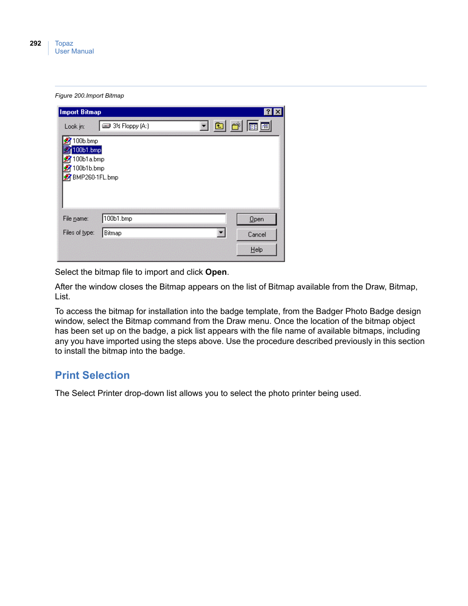 Print selection, Figure 200.import bitmap | Interlogix Topaz User Manual User Manual | Page 310 / 420