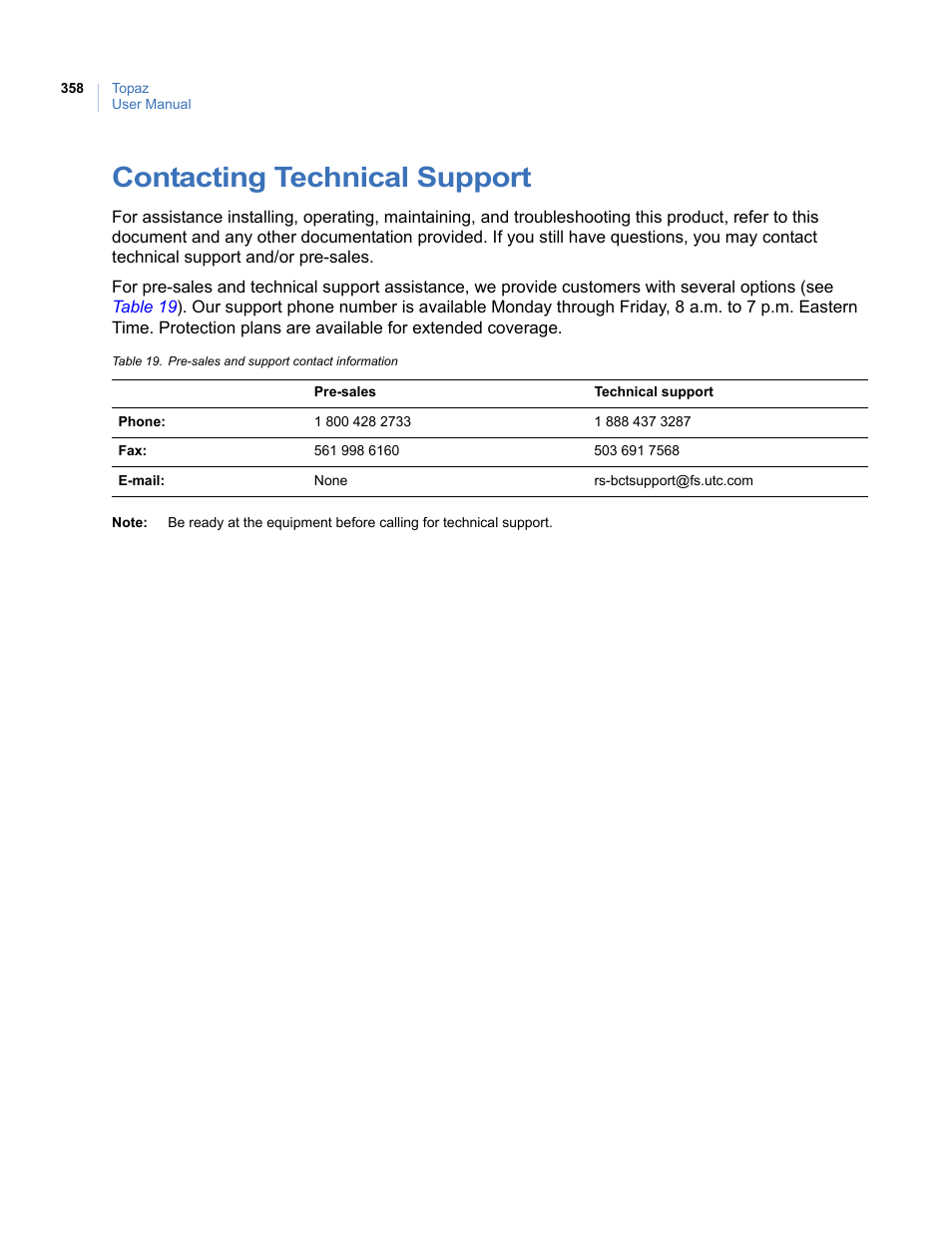 Contacting technical support | Interlogix Topaz User Manual User Manual | Page 376 / 420