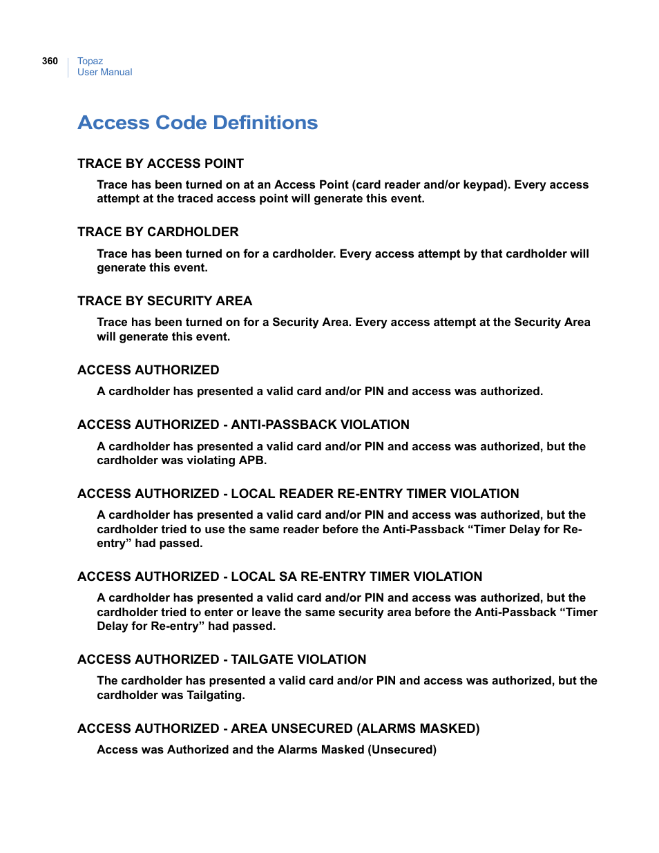 Access code definitions | Interlogix Topaz User Manual User Manual | Page 378 / 420