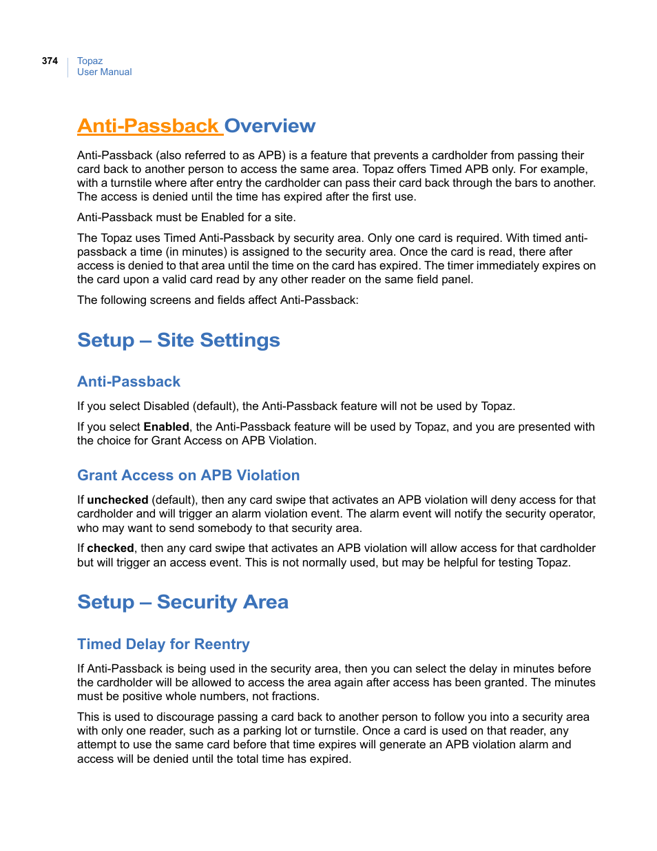 Anti-passback overview, Setup - site settings, Anti-passback | Grant access on apb violation, Setup - security area, Timed delay for reentry, Anti-passback overview setup – site settings, Anti-passback grant access on apb violation, Setup – security area, Setup – site settings | Interlogix Topaz User Manual User Manual | Page 392 / 420