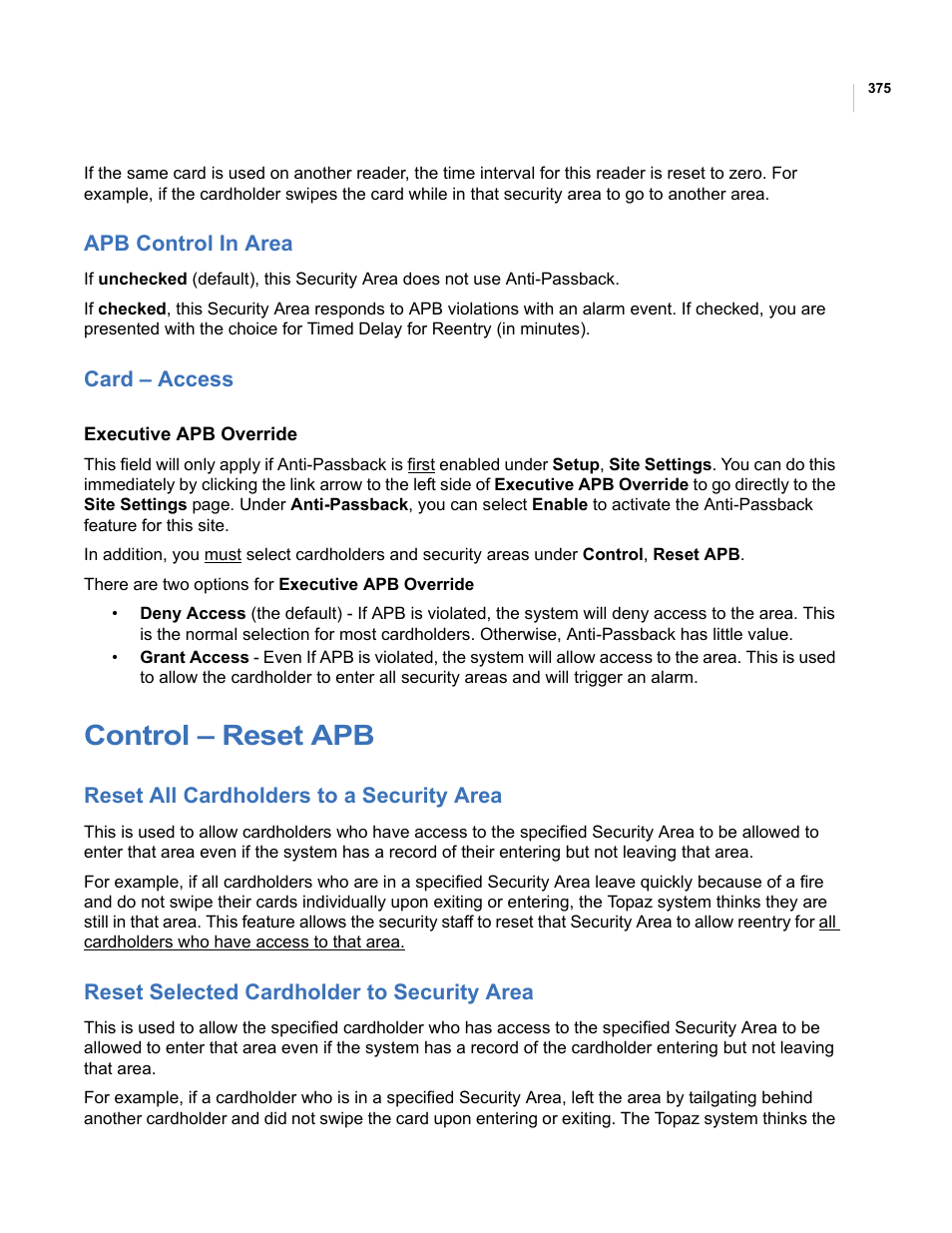 Apb control in area, Card - access, Control - reset apb | Reset all cardholders to a security area, Reset selected cardholder to security area, Apb control in area card – access, Control – reset apb | Interlogix Topaz User Manual User Manual | Page 393 / 420