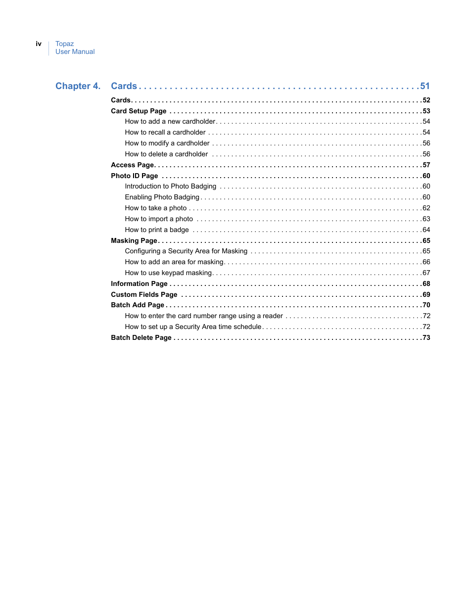 Chapter 4. cards | Interlogix Topaz User Manual User Manual | Page 4 / 420