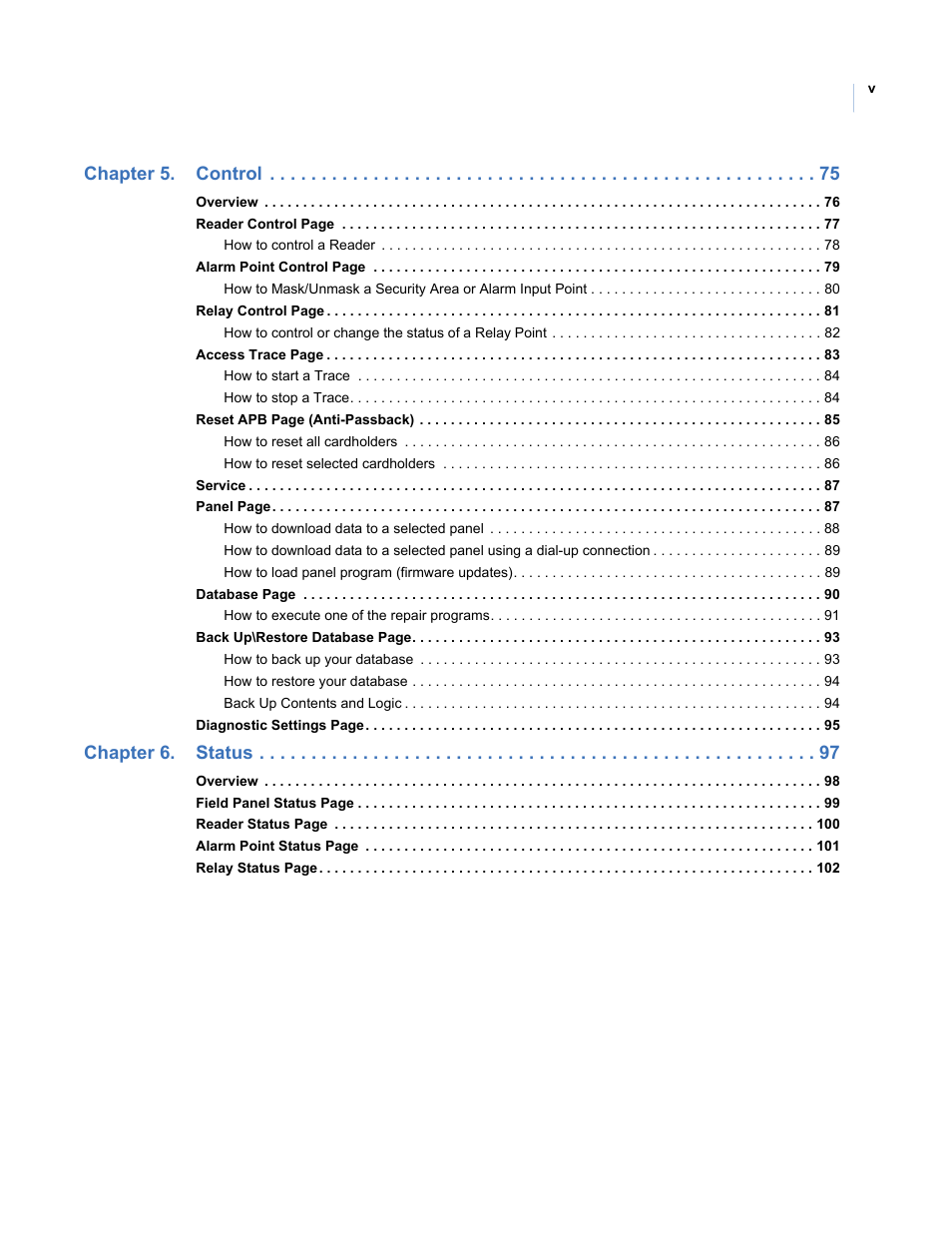 Chapter 5. control, Chapter 6. status | Interlogix Topaz User Manual User Manual | Page 5 / 420