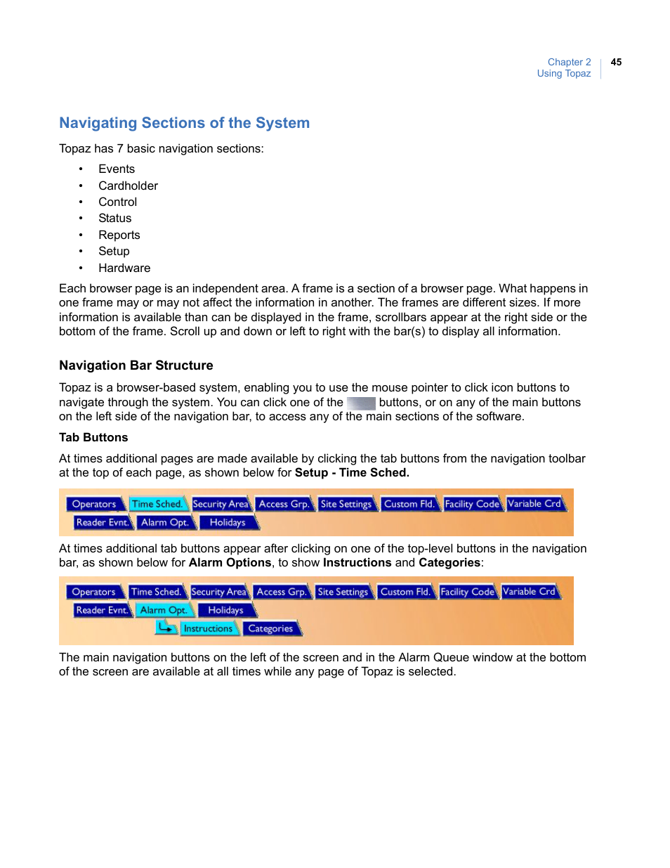 Navigating sections of the system | Interlogix Topaz User Manual User Manual | Page 63 / 420