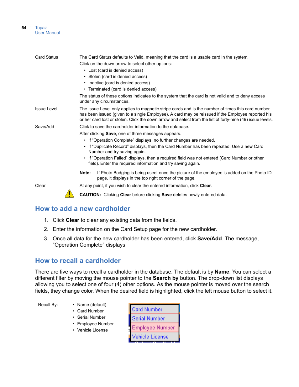 How to add a new cardholder, How to recall a cardholder | Interlogix Topaz User Manual User Manual | Page 72 / 420
