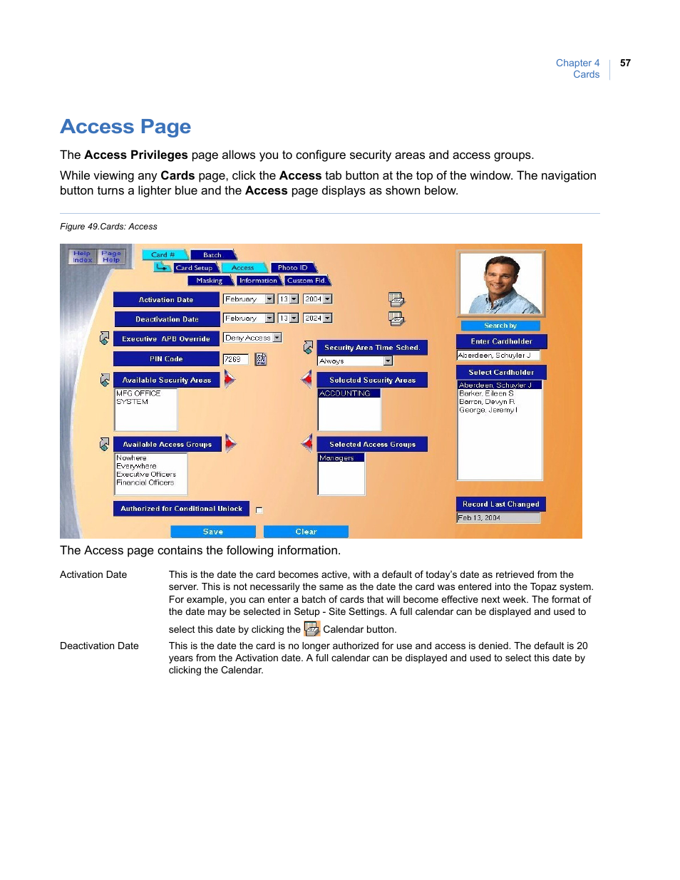 Figure 49. cards: access, Access page | Interlogix Topaz User Manual User Manual | Page 75 / 420