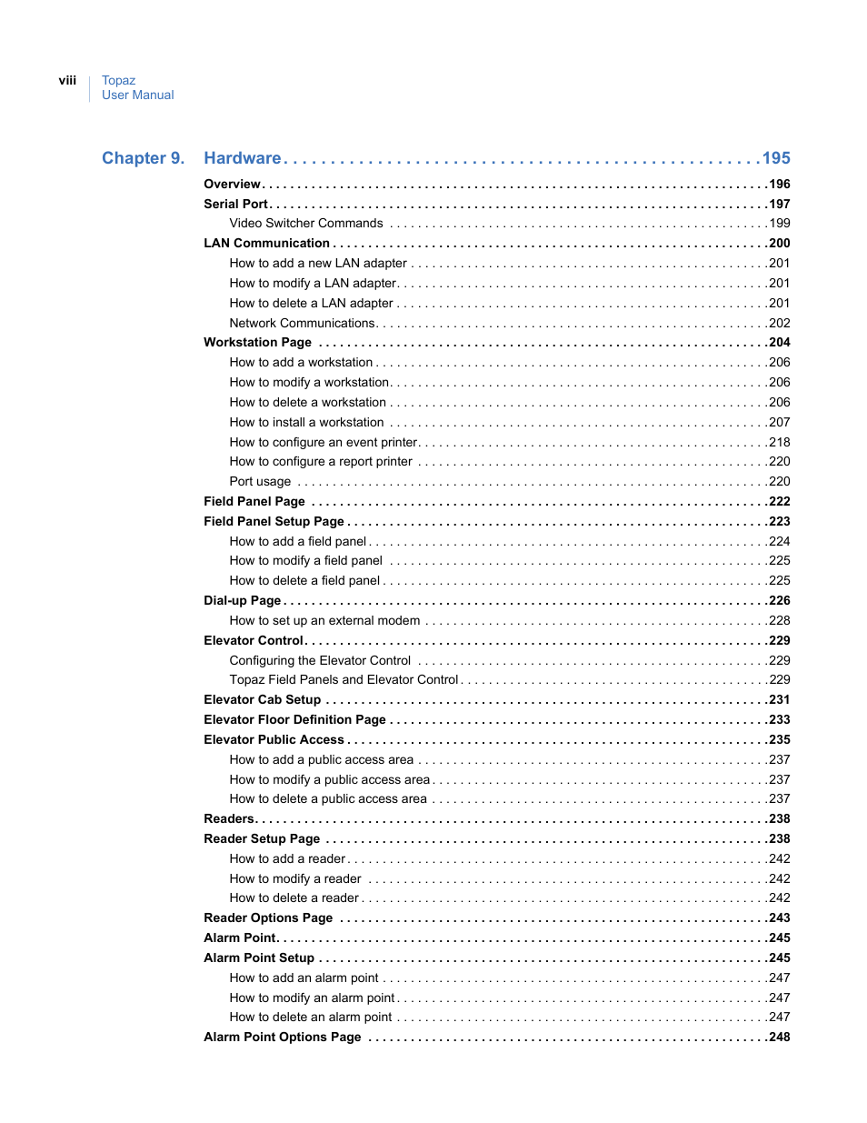 Chapter 9. hardware | Interlogix Topaz User Manual User Manual | Page 8 / 420
