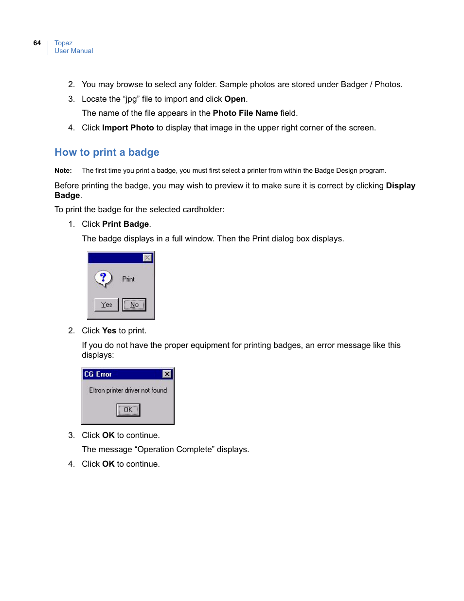 How to print a badge | Interlogix Topaz User Manual User Manual | Page 82 / 420