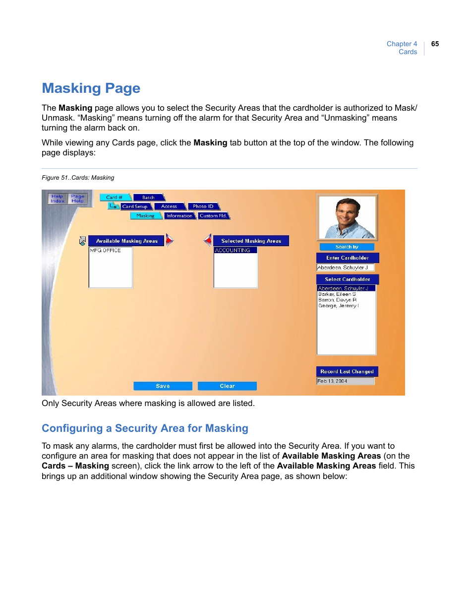 Configuring a security area for masking, Figure 51. .cards: masking, Masking page | Interlogix Topaz User Manual User Manual | Page 83 / 420