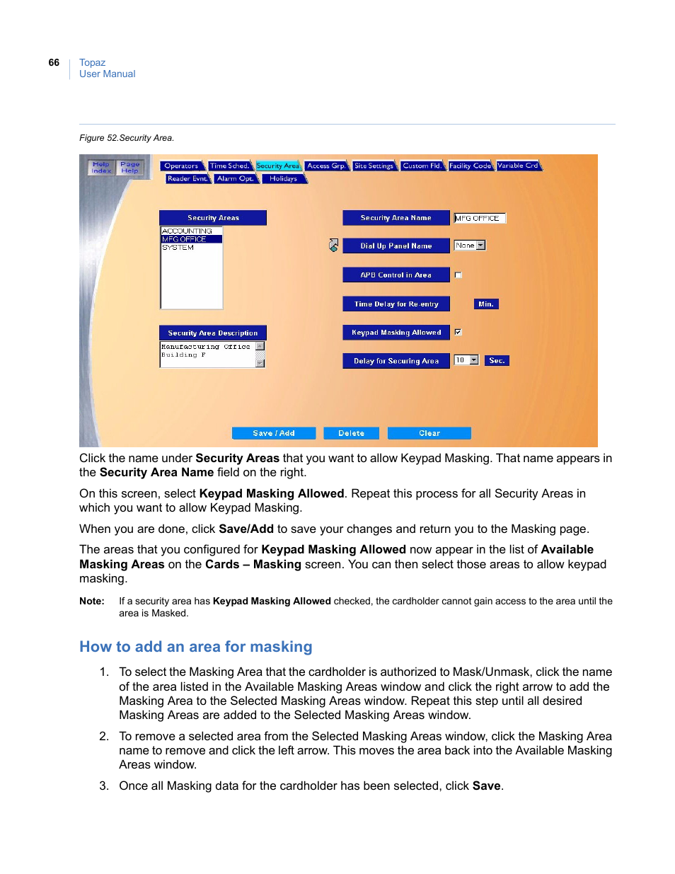 How to add an area for masking, Figure 52. security area | Interlogix Topaz User Manual User Manual | Page 84 / 420