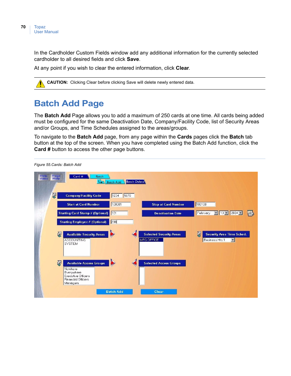 Figure 55. cards: batch add, Batch add page | Interlogix Topaz User Manual User Manual | Page 88 / 420