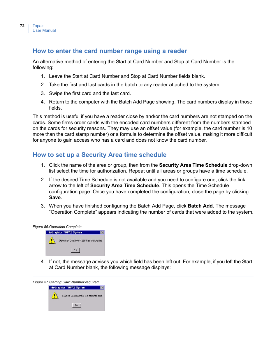 How to enter the card number range using a reader, How to set up a security area time schedule, Ule, see | Interlogix Topaz User Manual User Manual | Page 90 / 420