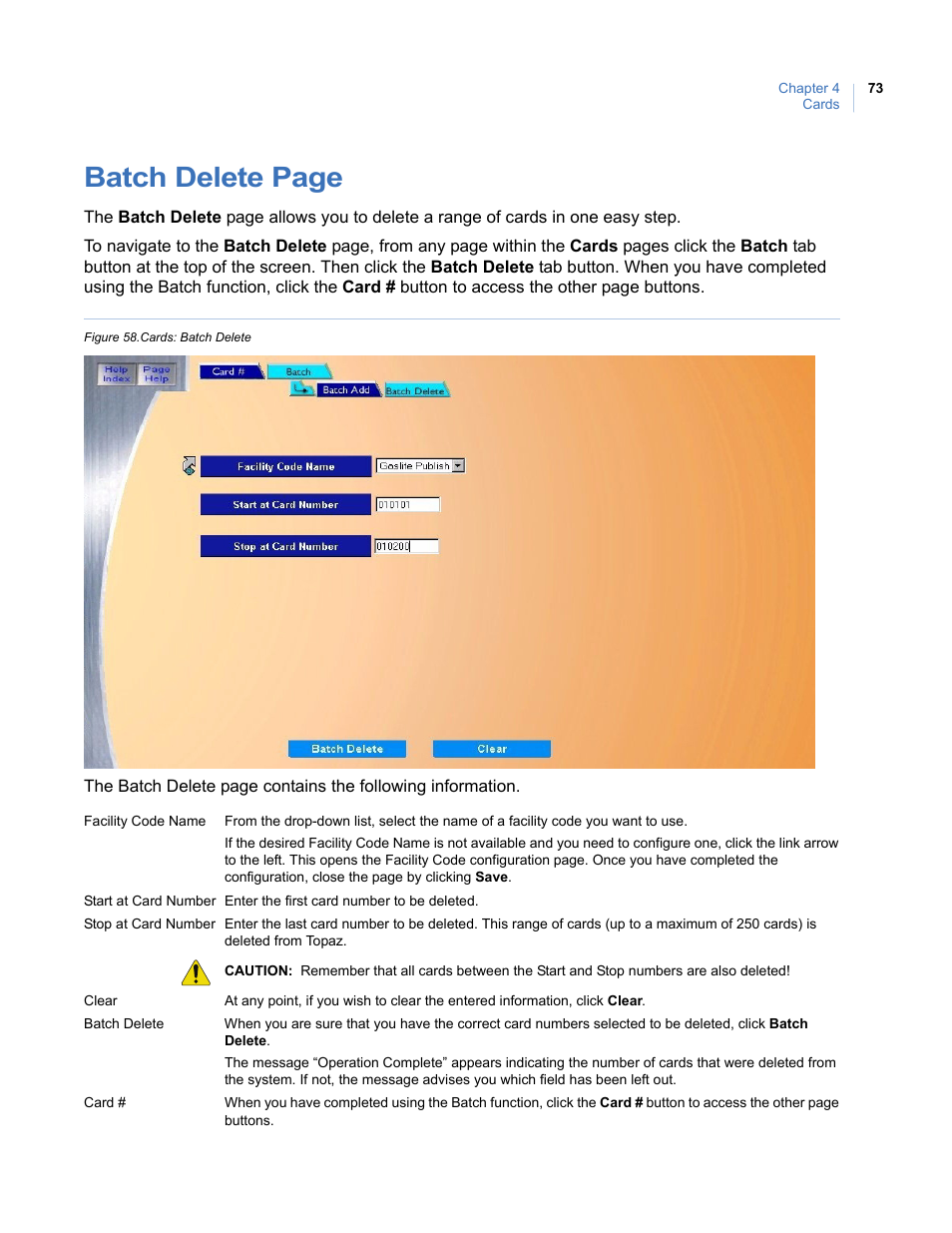 Figure 58. cards: batch delete, Batch delete page | Interlogix Topaz User Manual User Manual | Page 91 / 420