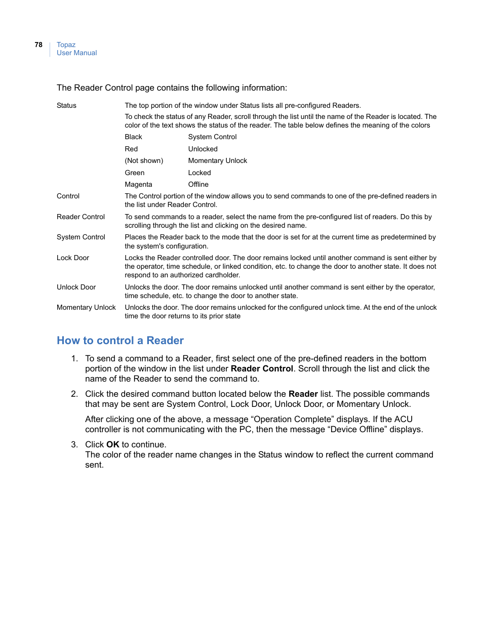 How to control a reader | Interlogix Topaz User Manual User Manual | Page 96 / 420