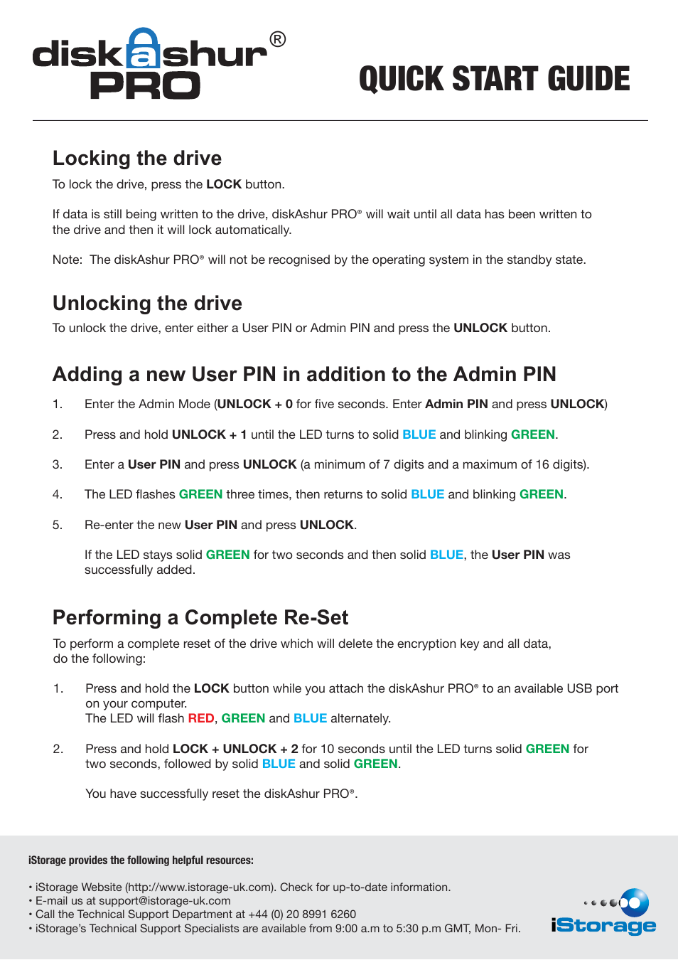 Quick start guide, Performing a complete re-set, Locking the drive | Unlocking the drive, Adding a new user pin in addition to the admin pin | iStorage diskAshur Pro Quick Start Guide User Manual | Page 2 / 2