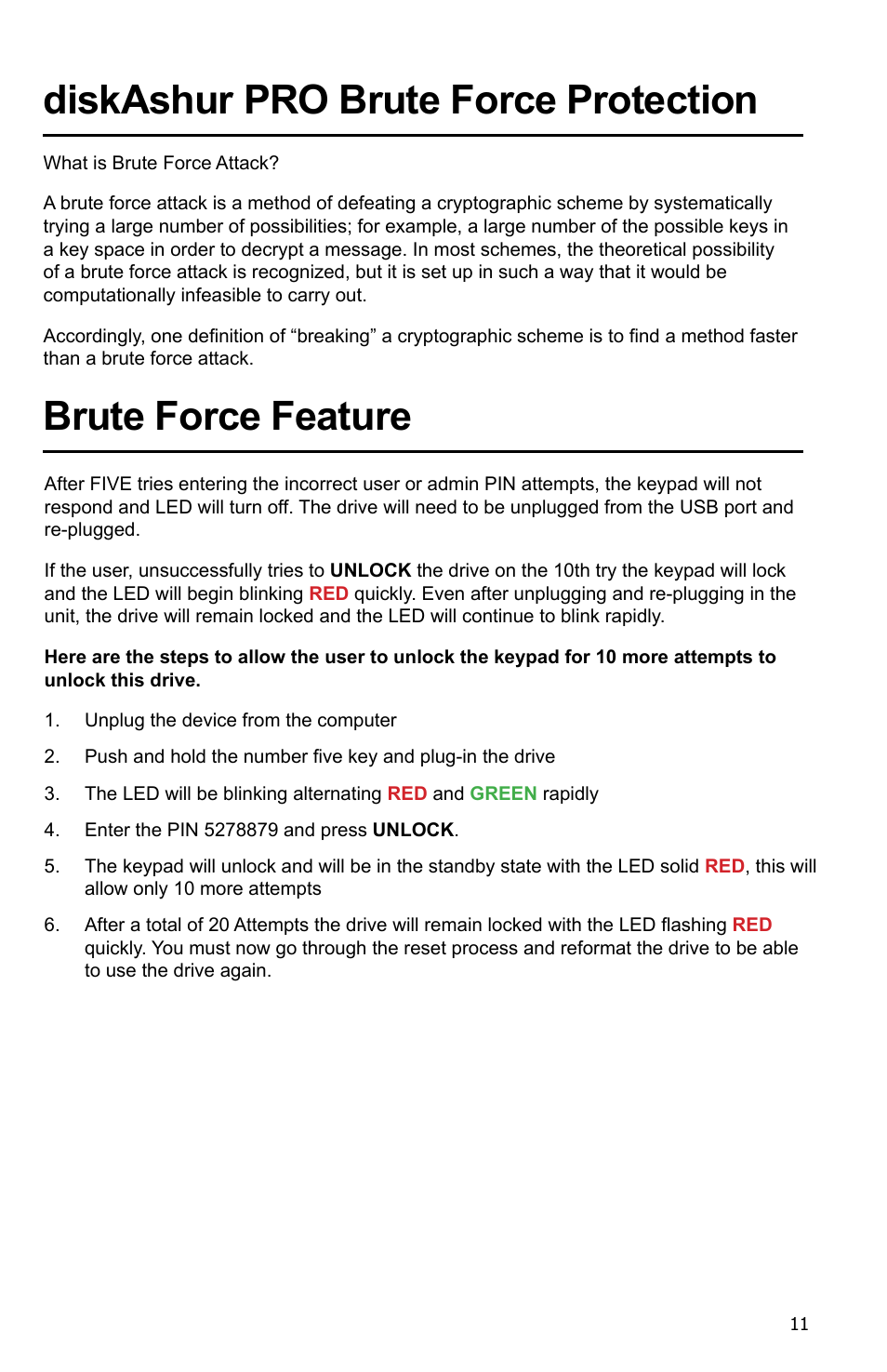 Diskashur pro brute force protection, Brute force feature | iStorage diskAshur Pro Manual User Manual | Page 11 / 19