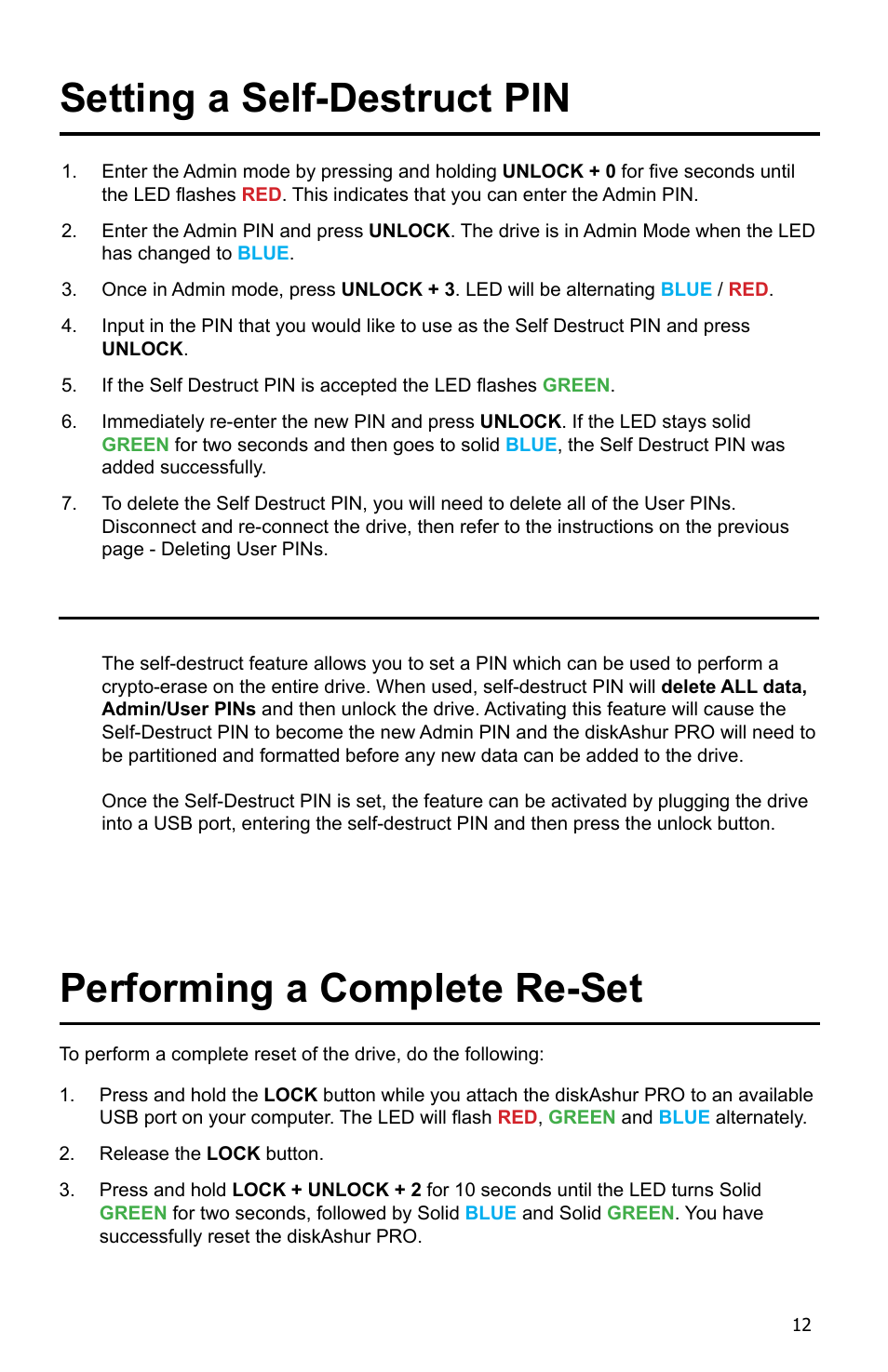 Setting a self-destruct pin, Performing a complete re-set | iStorage diskAshur Pro Manual User Manual | Page 12 / 19