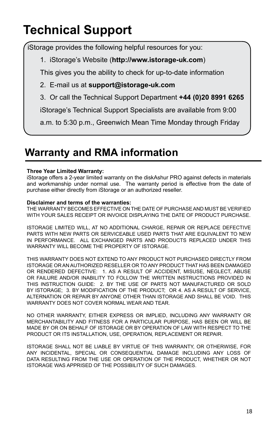 Technical support, Warranty and rma information | iStorage diskAshur Pro Manual User Manual | Page 18 / 19
