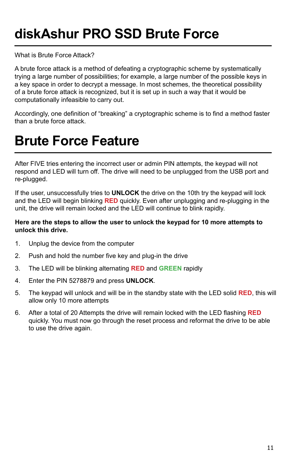 Diskashur pro ssd brute force, Brute force feature | iStorage diskAshur Pro SSD Manual User Manual | Page 11 / 19