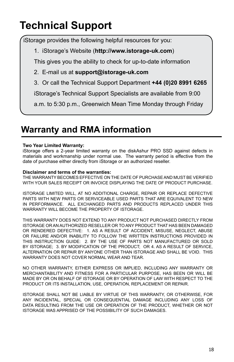 Technical support, Warranty and rma information | iStorage diskAshur Pro SSD Manual User Manual | Page 18 / 19