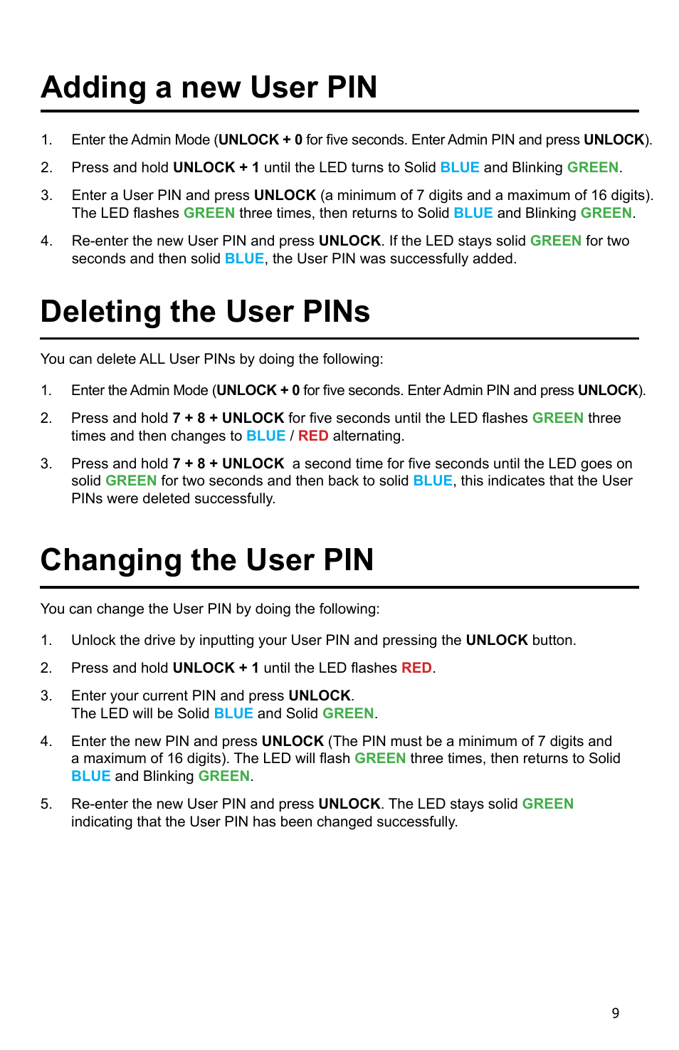 Adding a new user pin deleting the user pins, Changing the user pin | iStorage diskAshur Pro SSD Manual User Manual | Page 9 / 19