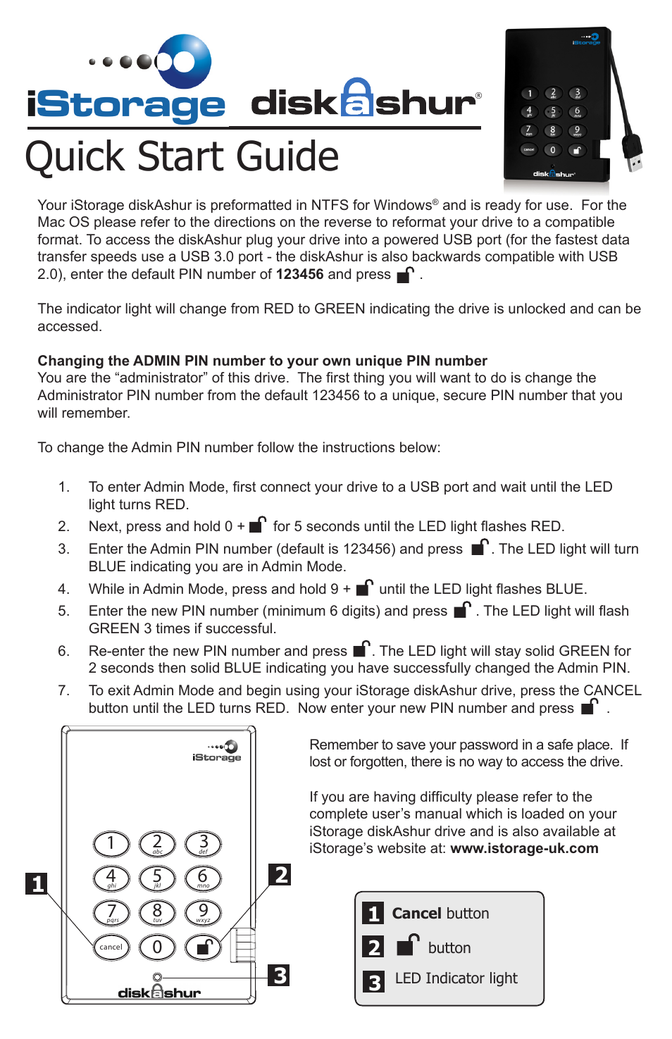 iStorage diskAshur Quick Start Guide User Manual | 2 pages