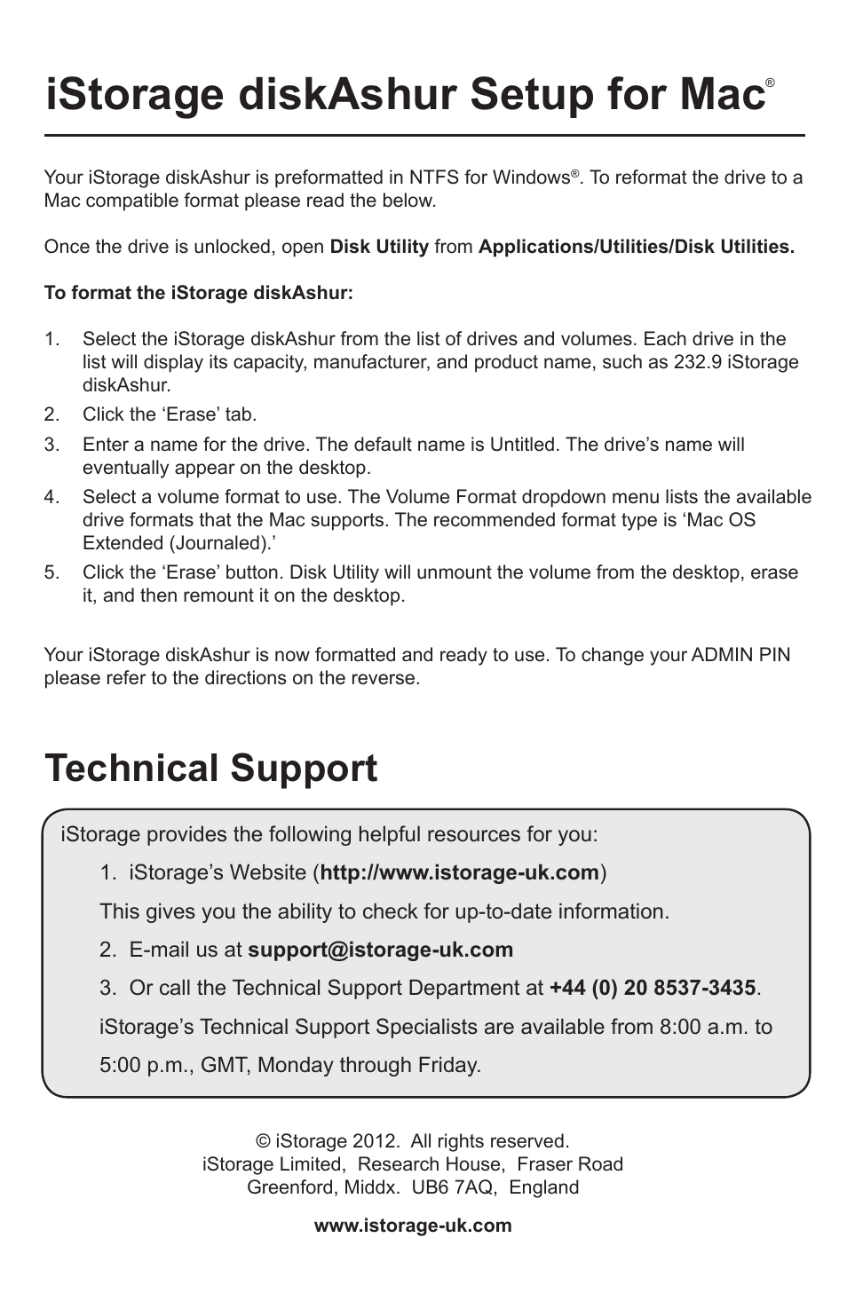 Istorage diskashur setup for mac, Technical support | iStorage diskAshur Quick Start Guide User Manual | Page 2 / 2