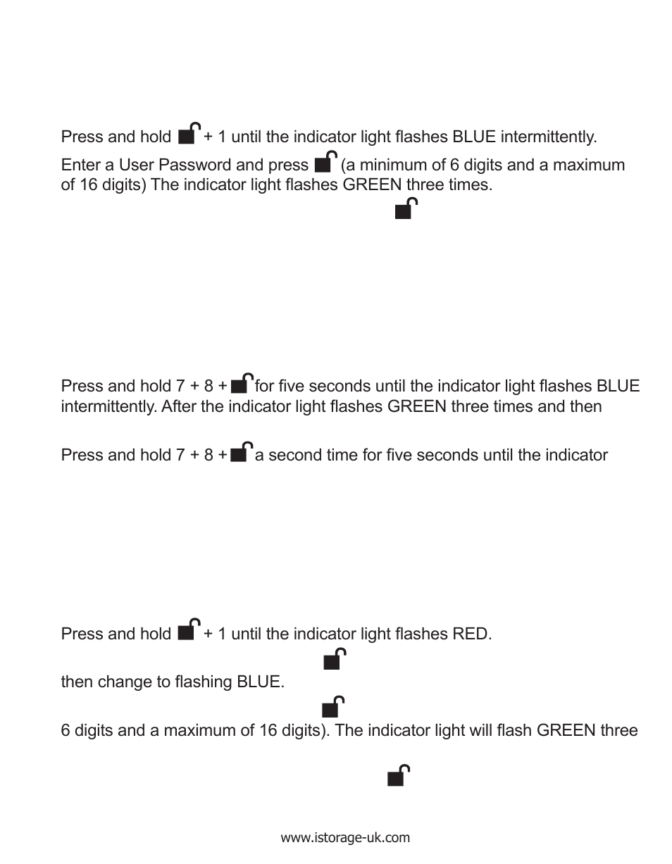 Adding a new user password, Deleting the user passwords, Changing the user password | iStorage diskAshur Manual User Manual | Page 11 / 21