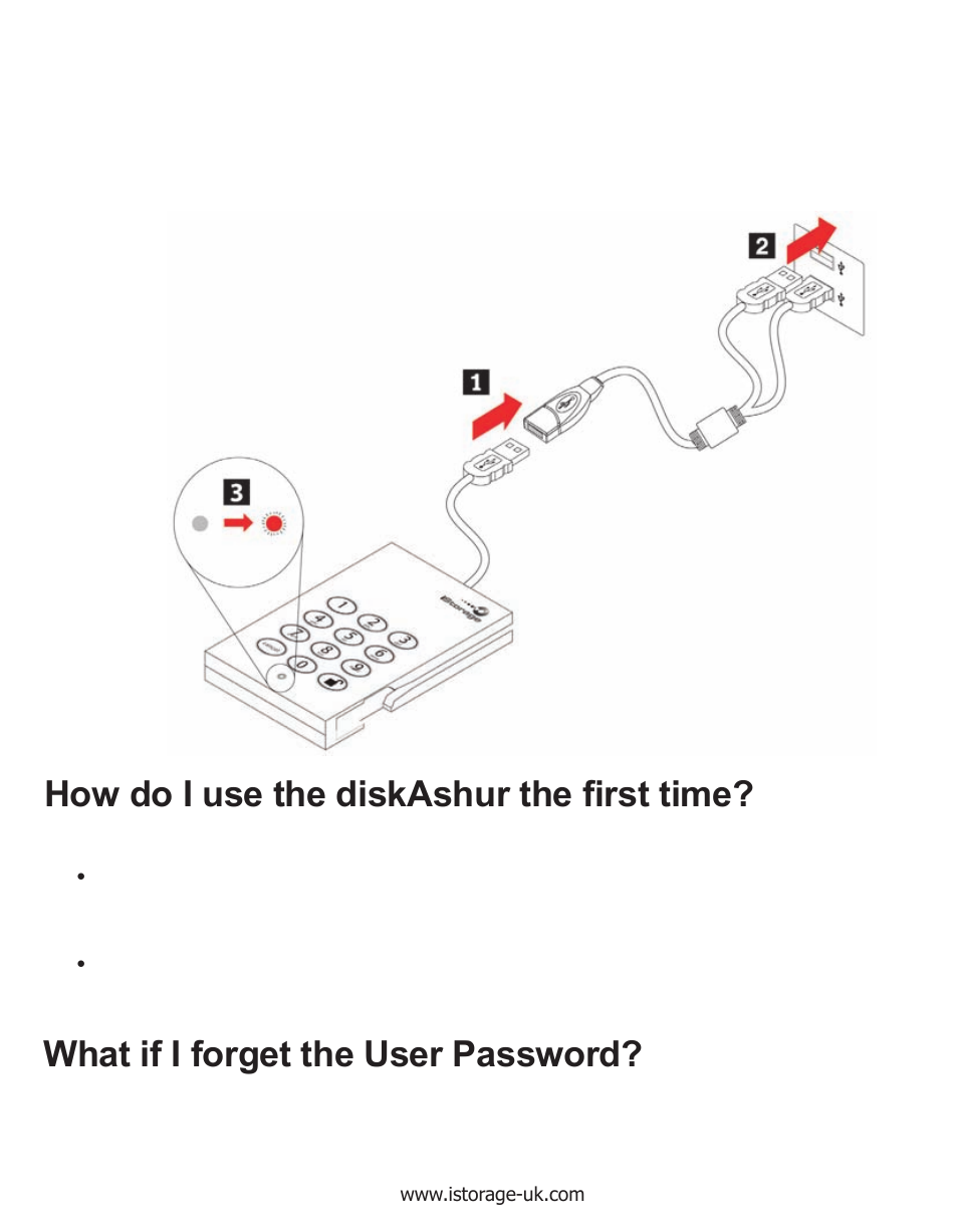 Connecting the diskashur with usb y-cable | iStorage diskAshur Manual User Manual | Page 7 / 21