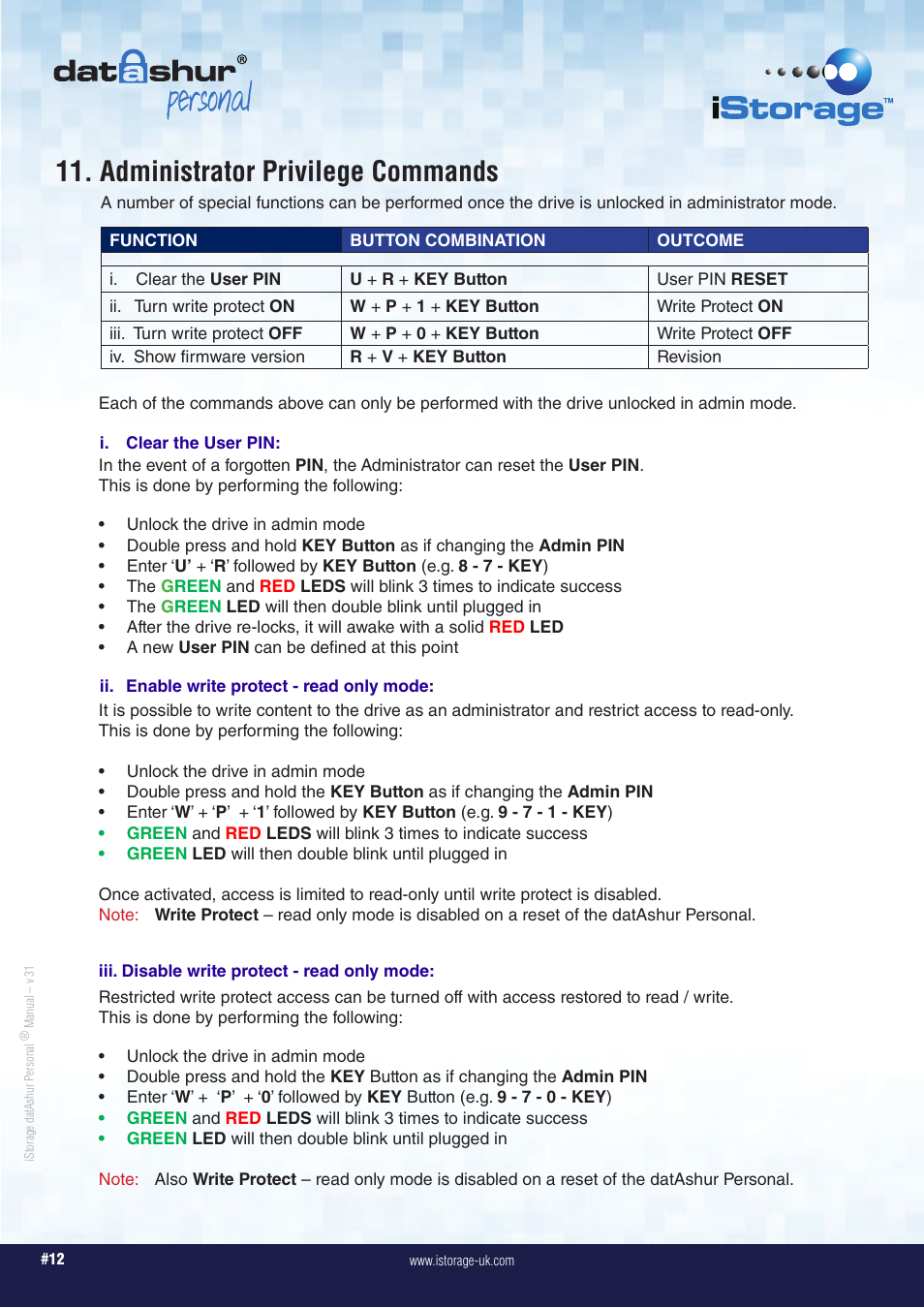 Personal, Administrator privilege commands | iStorage datAshur Personal Manual User Manual | Page 12 / 28