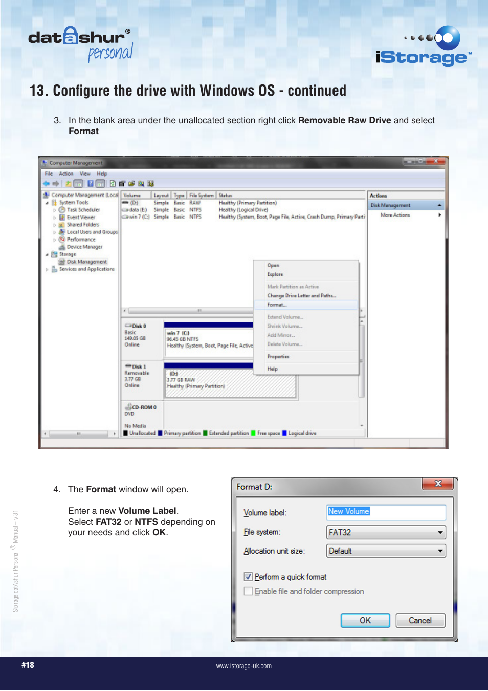 Personal, Configure the drive with windows os - continued | iStorage datAshur Personal Manual User Manual | Page 18 / 28