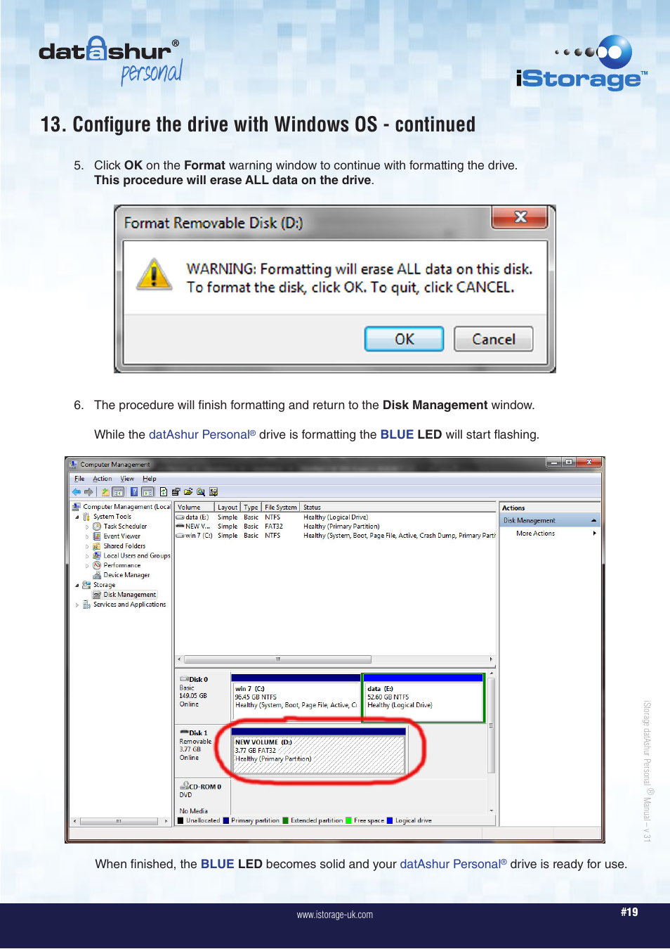 Personal, Configure the drive with windows os - continued | iStorage datAshur Personal Manual User Manual | Page 19 / 28