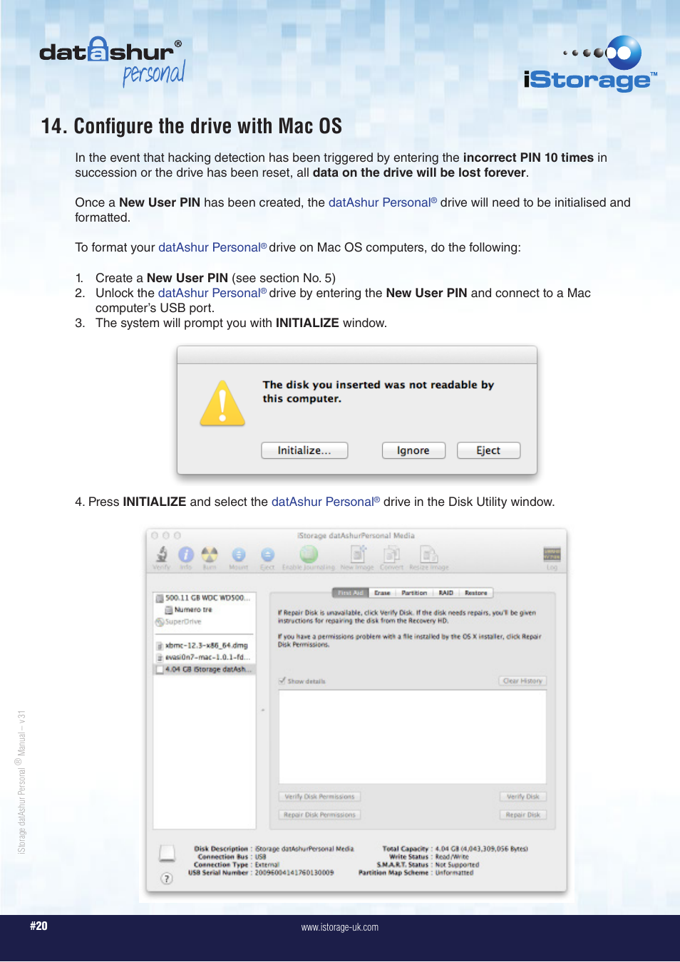 Personal, Configure the drive with mac os | iStorage datAshur Personal Manual User Manual | Page 20 / 28