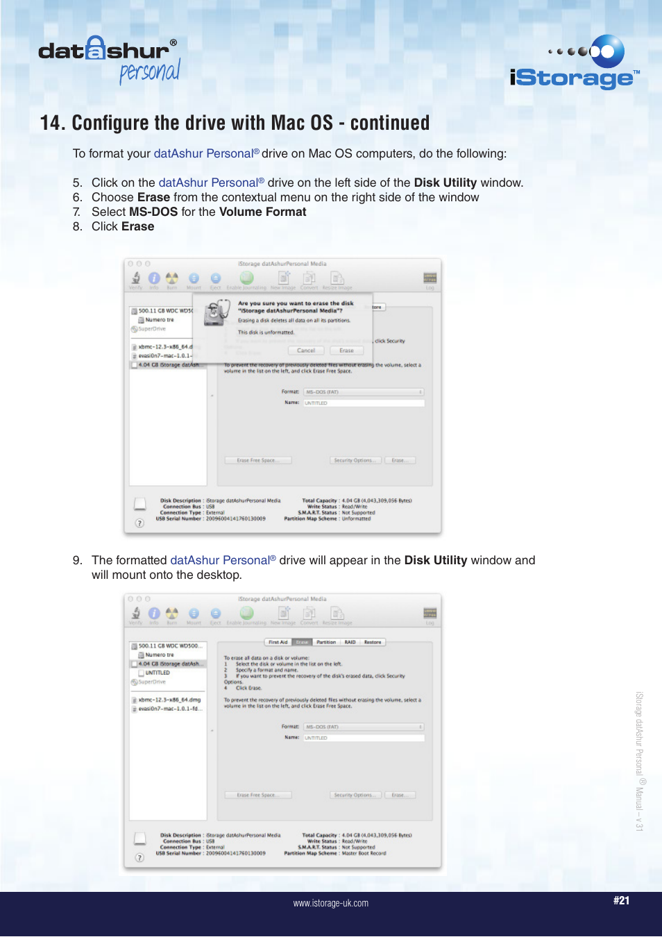 Personal, Configure the drive with mac os - continued | iStorage datAshur Personal Manual User Manual | Page 21 / 28