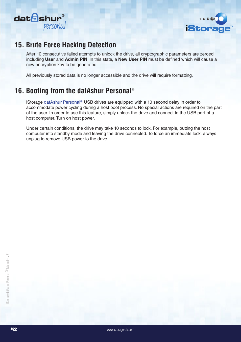 Personal, Brute force hacking detection, Booting from the datashur personal | iStorage datAshur Personal Manual User Manual | Page 22 / 28