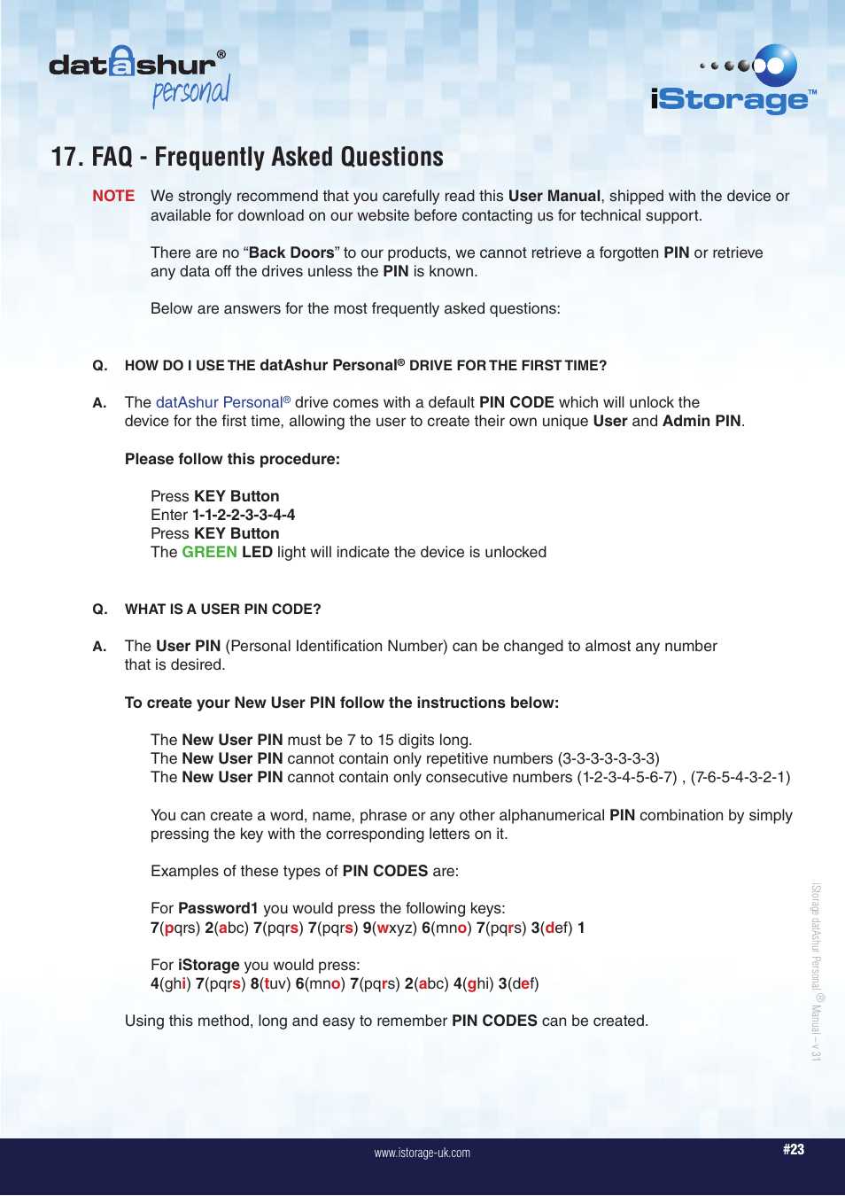 Personal, Faq - frequently asked questions | iStorage datAshur Personal Manual User Manual | Page 23 / 28