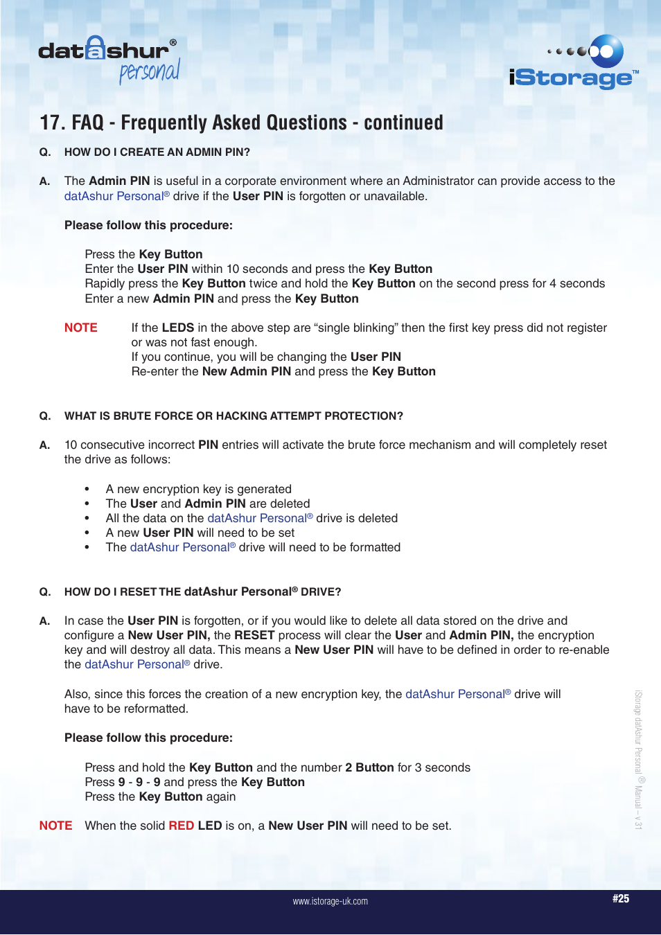 Personal, Faq - frequently asked questions - continued | iStorage datAshur Personal Manual User Manual | Page 25 / 28